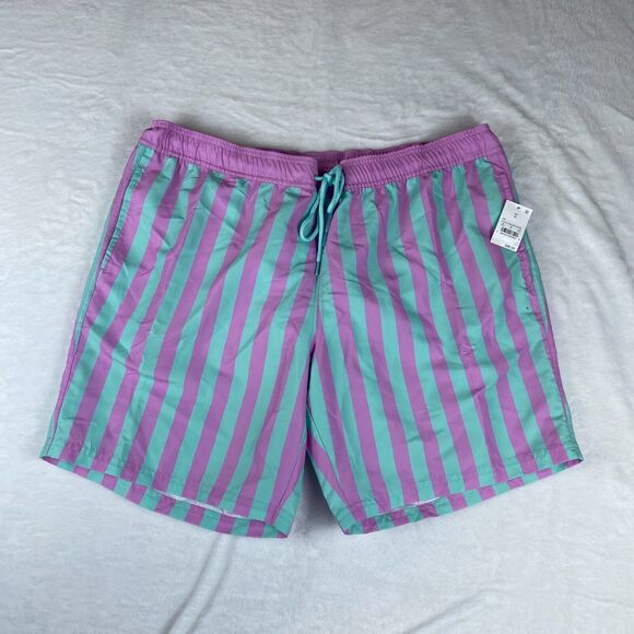 Mad Engine Swim Shorts Men XL Green Pink Stripe Mesh Lined Comfort Elastic Waist - Picture 1 of 5